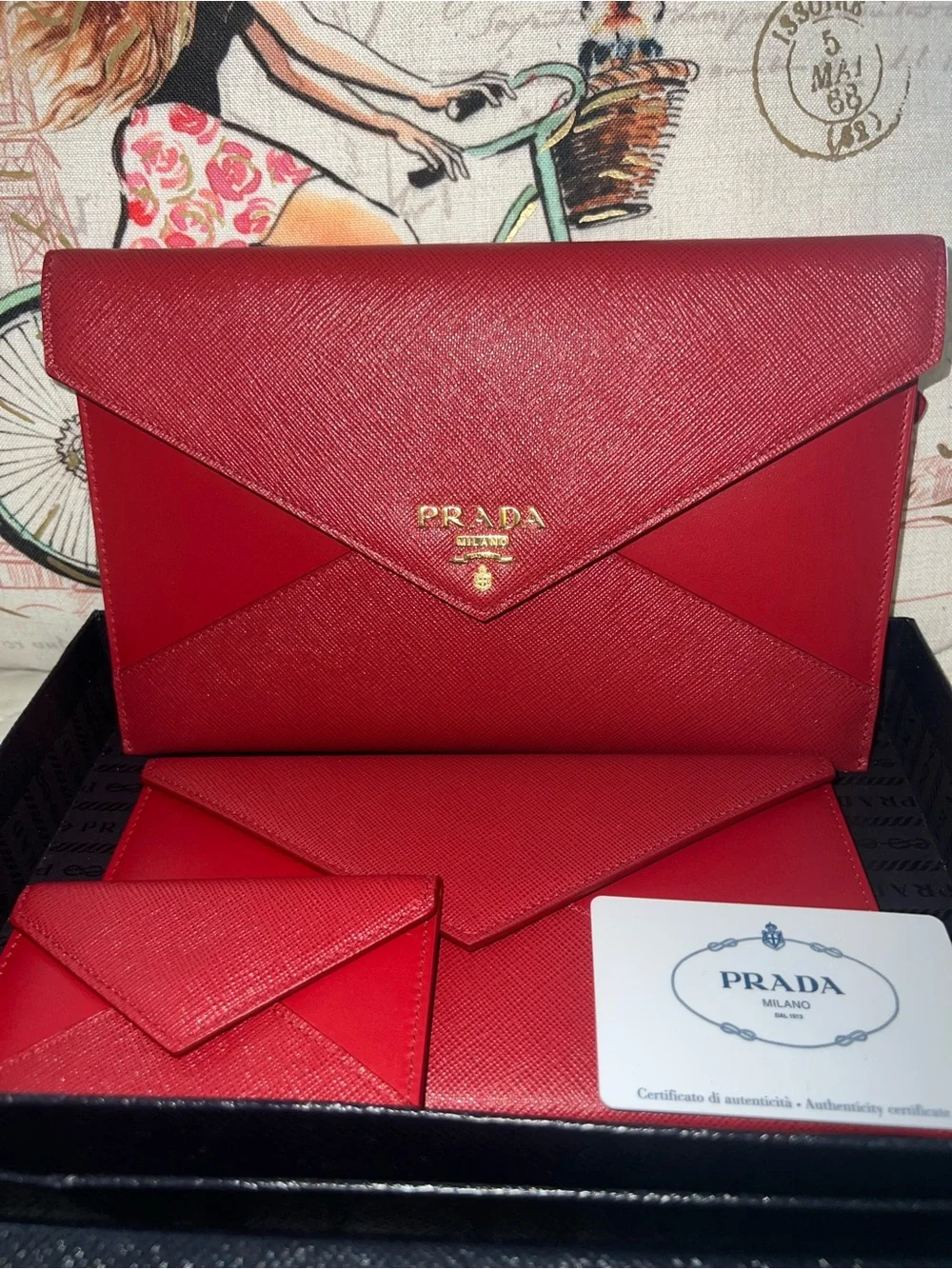 Prada Red Saffiano Envelope Clutch with Gold Logo